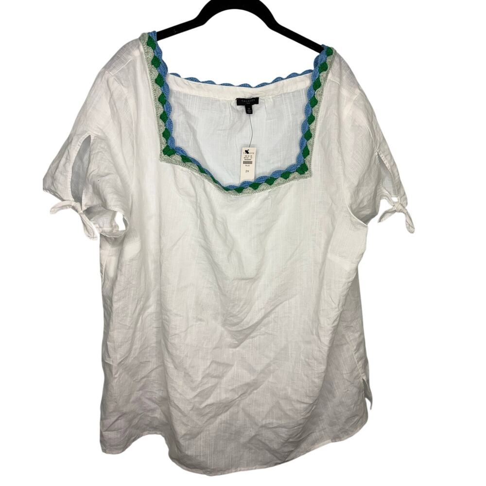 Talbots Plus Cotton Linen Blouse Square Neck Embroidered 2X Coastal White NWT